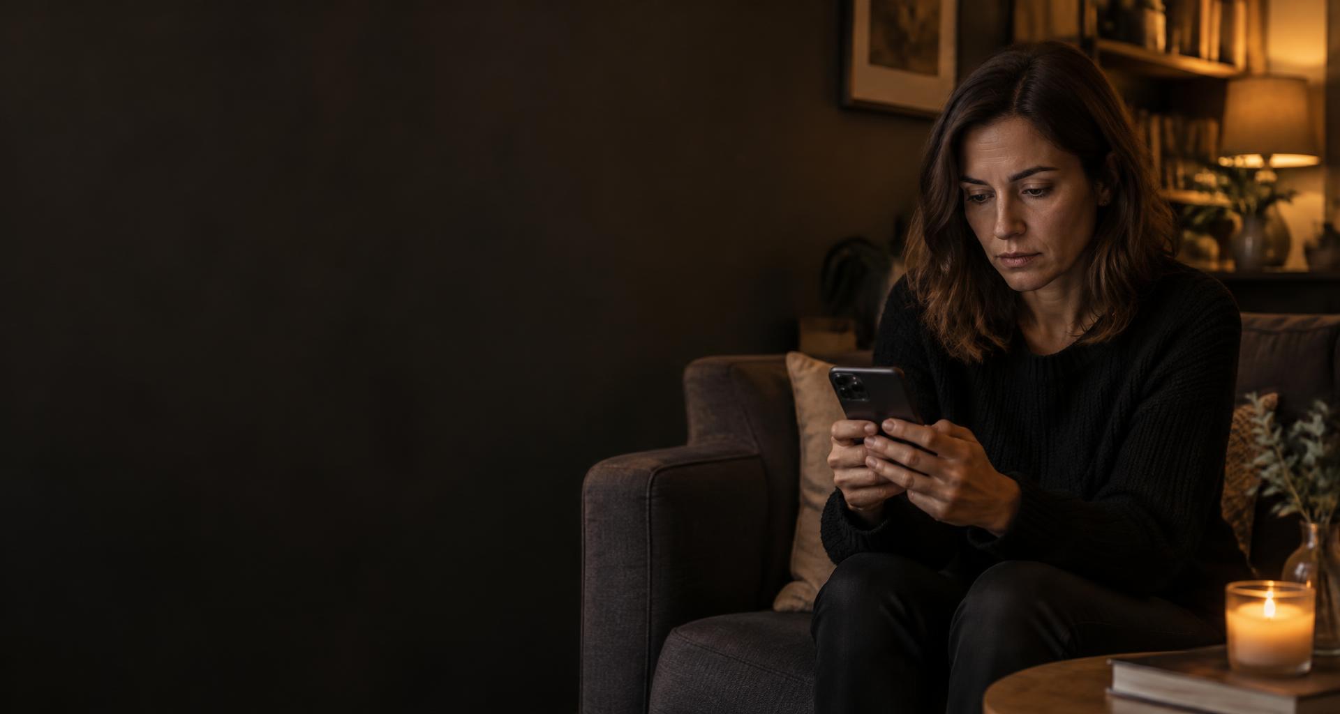 Una mujer reflexiona mientras mira su móvil, junto a una vela encendida